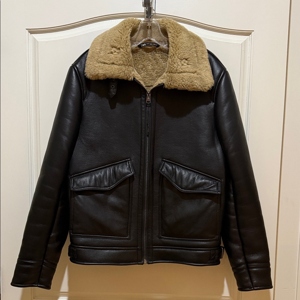 Zara Man Black faux leather Aviator Jacket with Tan Shearling Collar